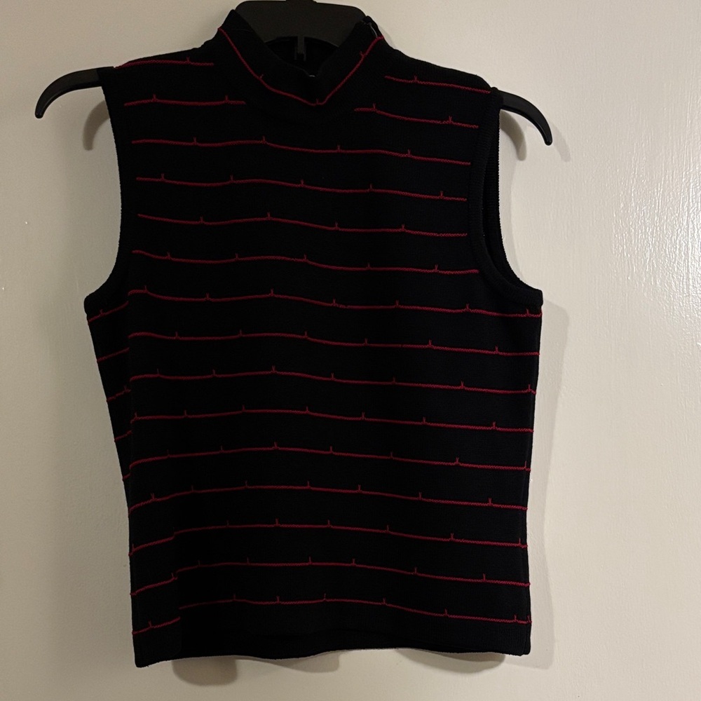 St. John - Black Mockneck Knit Top W/ Red Stripes Size P